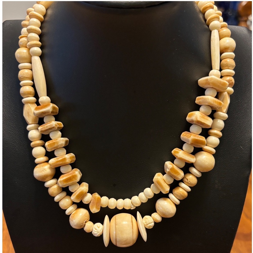 Vintage Hand Carved Bovine Bone Necklace Cream Honey 35 Inch Boho‎
